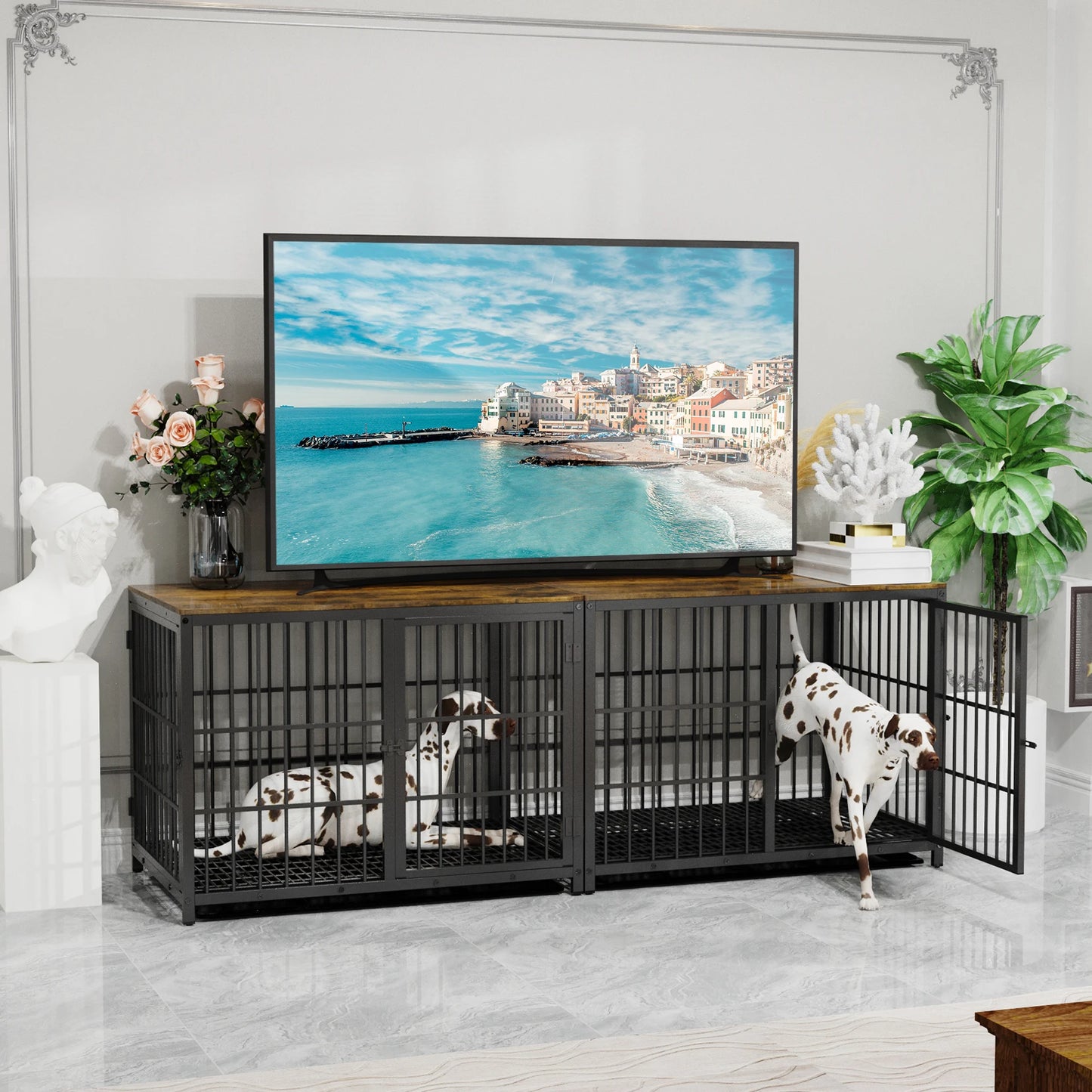 Three Door Dog Crate End Table Kennel With Metal Frame And Solid Wooden Top For Home Use-A