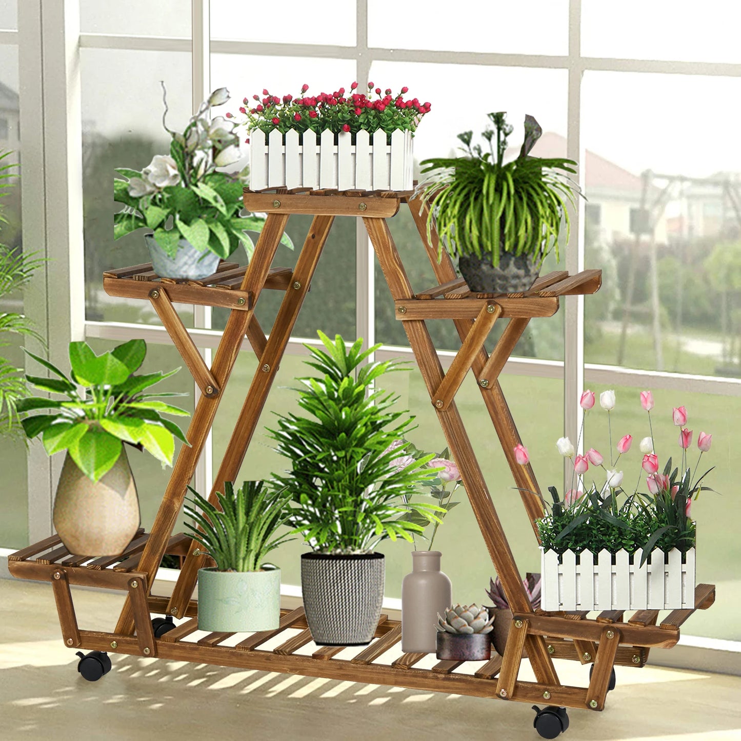 Triangular Six Pot Plant Shelf On Wheels Carbonized Wood Garden Plant Stand Display Rack-A