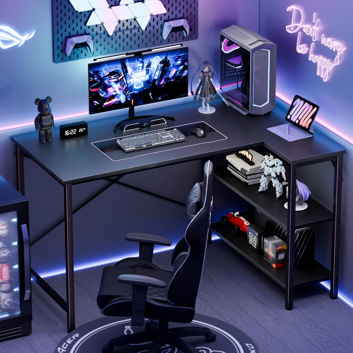 JHK L Shaped Desk With Reversible 2 Tier Storage Shelves For Corner Computer Workstation-A
