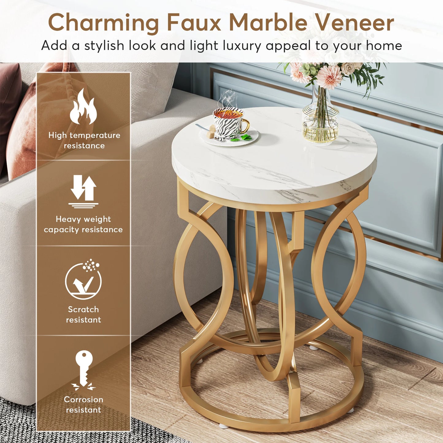 Tribesigns Modern Round End Table With Thick Faux Marble Top And Gold O Base Diameter About 19.7 Inches-A