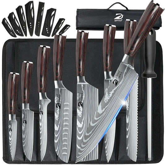 MDHAND 8 Piece Damascus Stainless Steel Kitchen Knife Set Nylon Bag