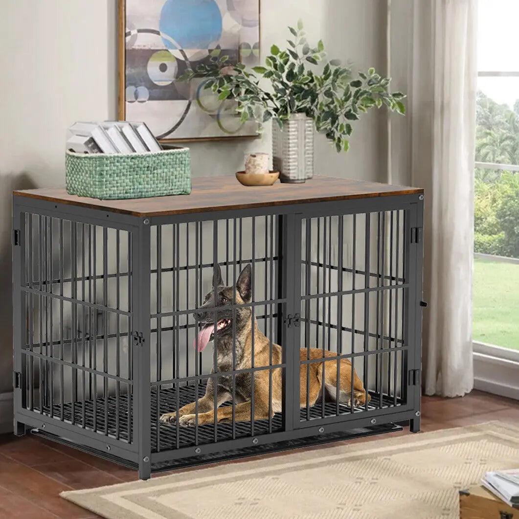 Three Door Dog Crate End Table Kennel With Metal Frame And Solid Wooden Top For Home Use-A