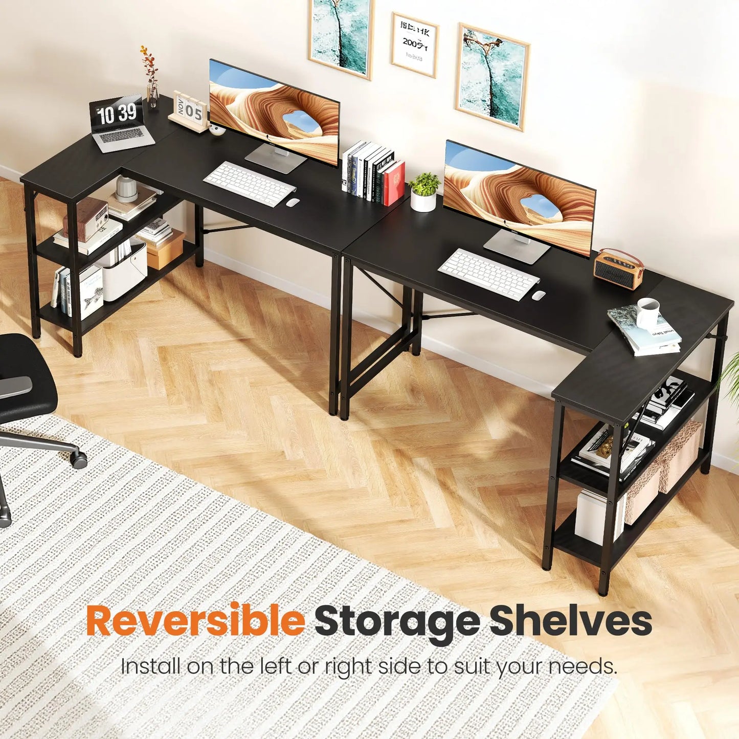 JHK L Shaped Desk With Reversible 2 Tier Storage Shelves For Corner Computer Workstation-A