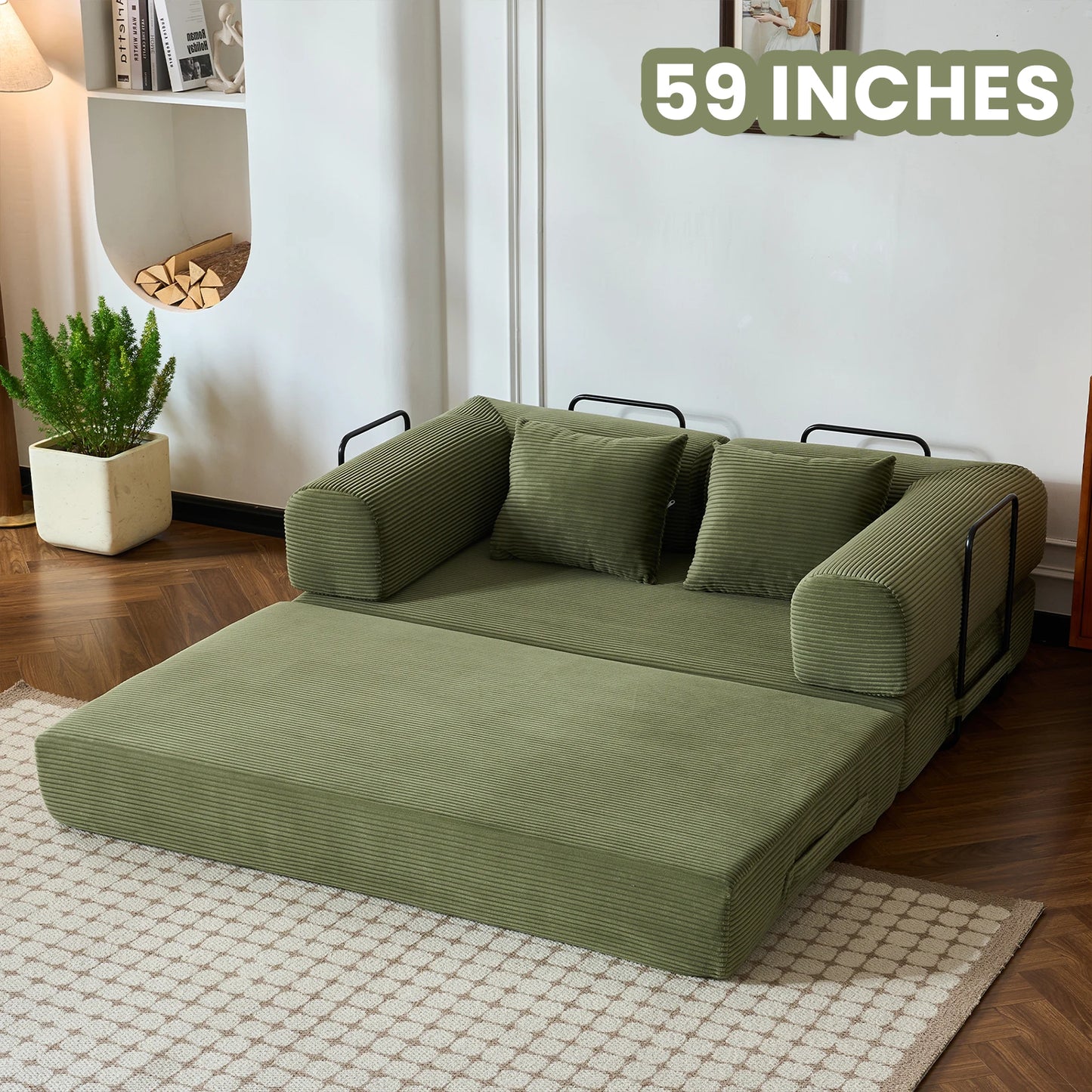 Foldable Convertible Futon Sofa Bed With L Shaped Armrests For Small Spaces Corduroy Upholstery High Density Foam-A