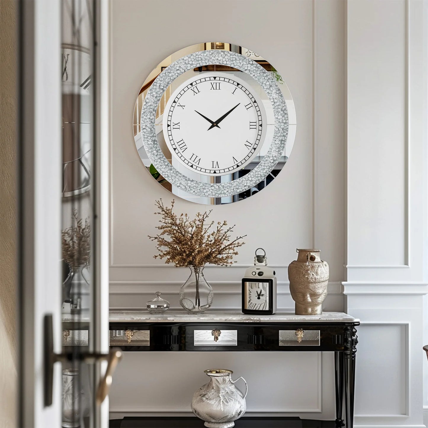 Crystal Sparkle Round Mirror Wall Clock With Beveled Edge Crushed Diamond Inlay And Roman Numerals For Living Room Decor-A