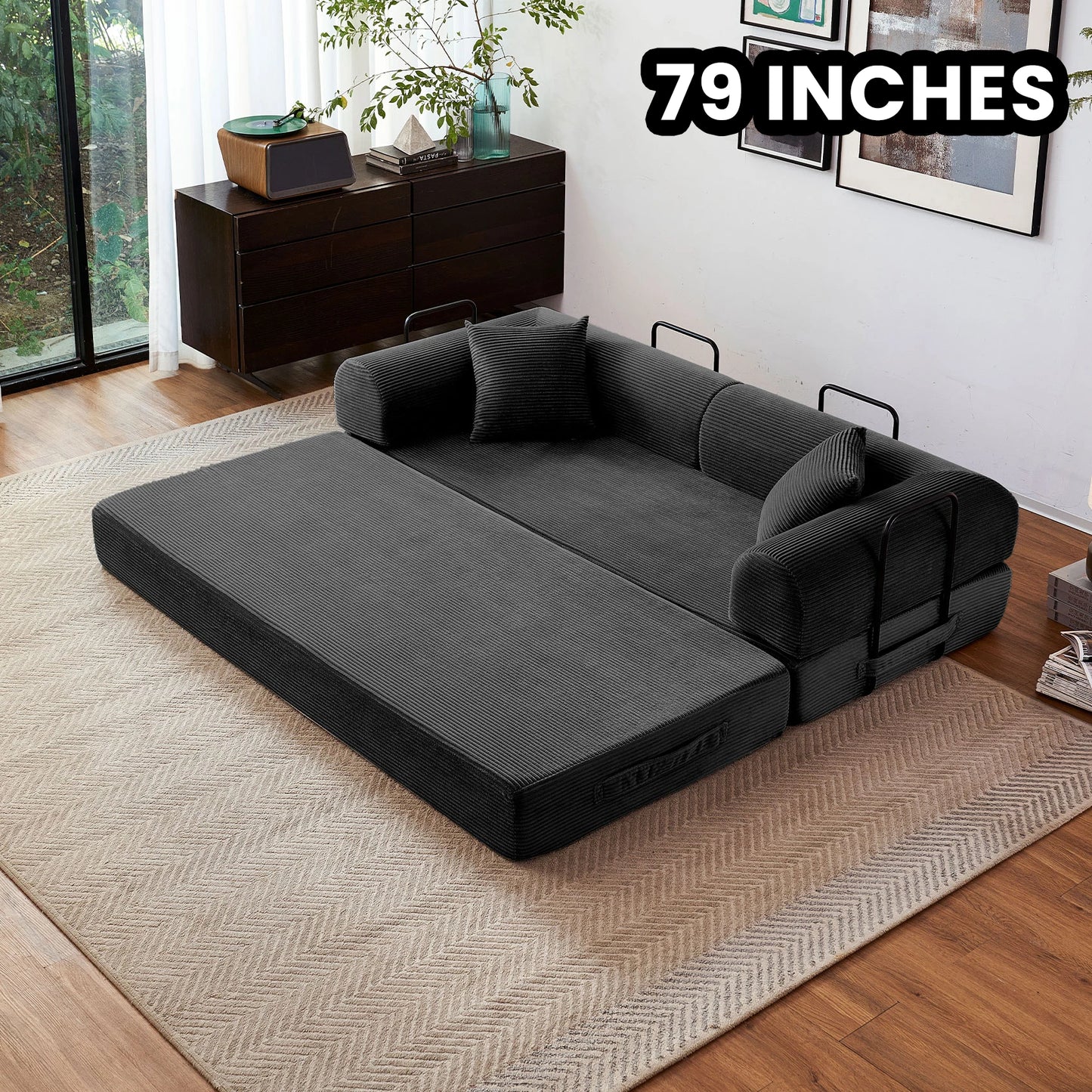 Foldable Convertible Futon Sofa Bed With L Shaped Armrests For Small Spaces Corduroy Upholstery High Density Foam-A