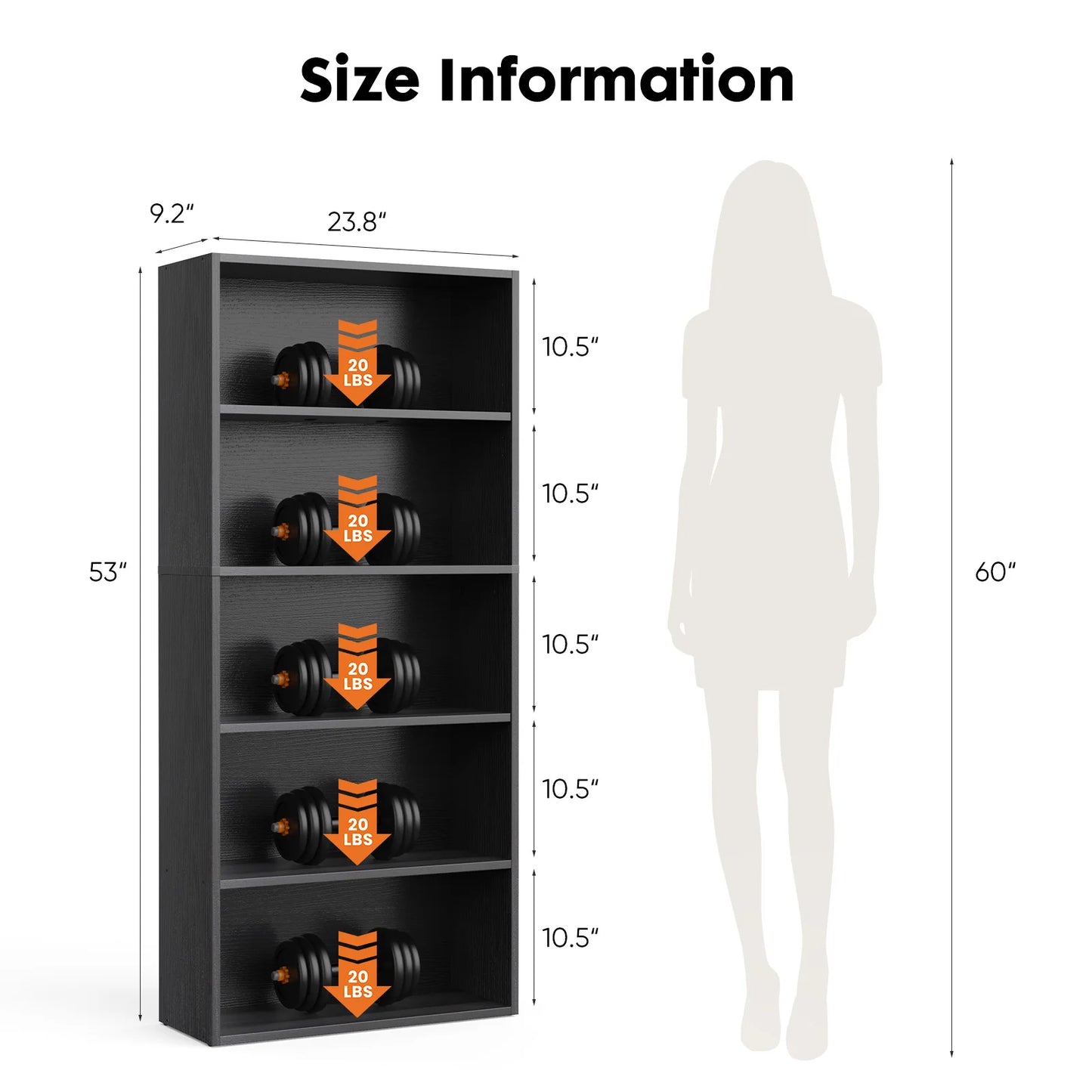 JHK 6 Tier Wooden Bookcase Floor Standing Open Shelves for Living Room and Home Office Storage-A
