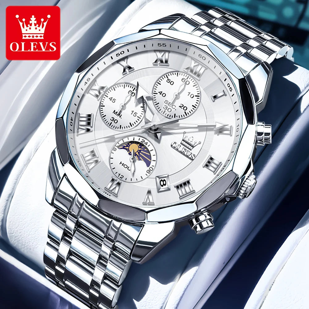 OLEVS Men's Chronograph Moonphase Watch Stainless Steel Waterproof With Quartz Movement Auto Date Full Calendar-A