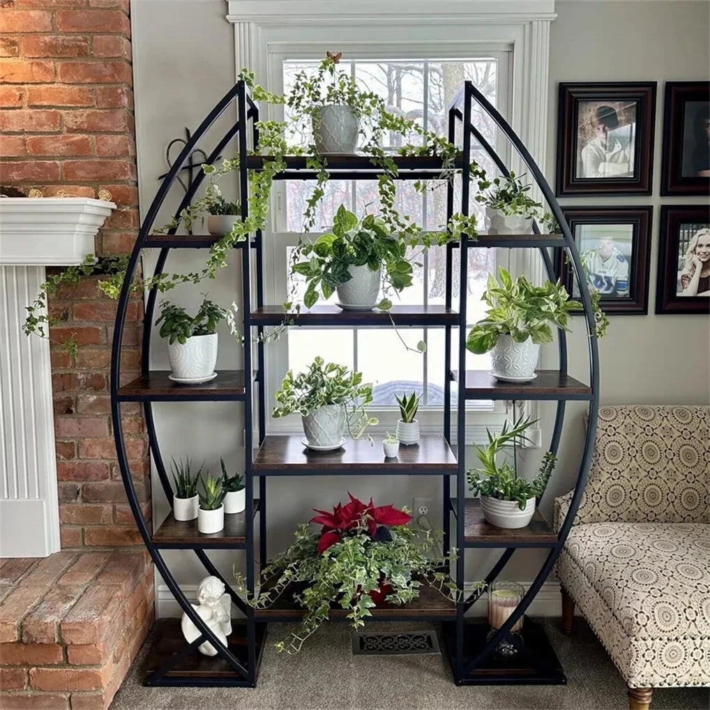 Wisfor Oval Bookshelf Plant Stand 5 Tier Etagere Half Moon Shaped Industrial Display Shelves For Living Room-A