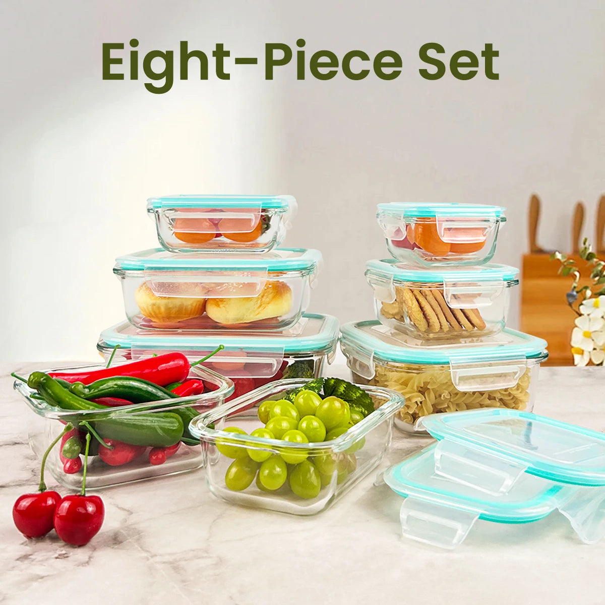 Glass Food Storage Containers Set 8 Piece Leakproof Airtight Microwave Oven Safe Borosilicate Glass-A