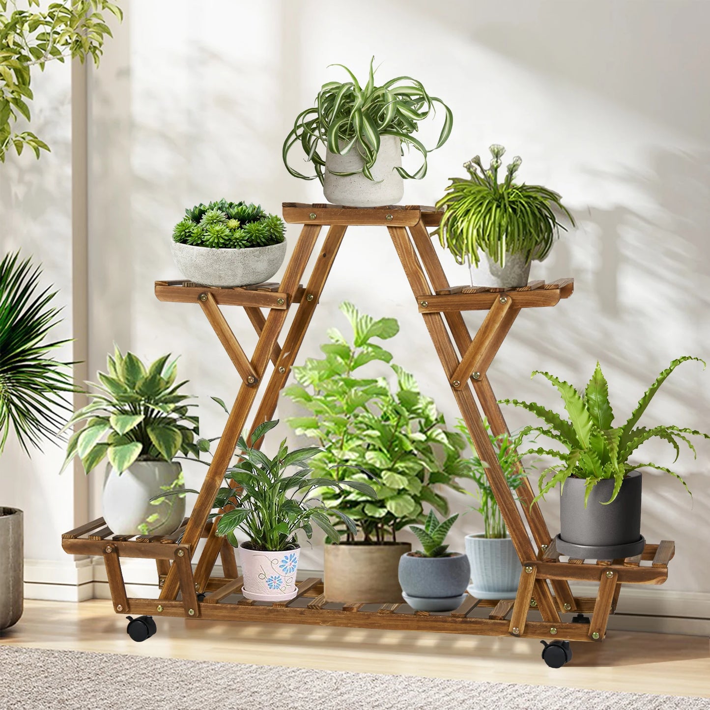 Triangular Six Pot Plant Shelf On Wheels Carbonized Wood Garden Plant Stand Display Rack-A