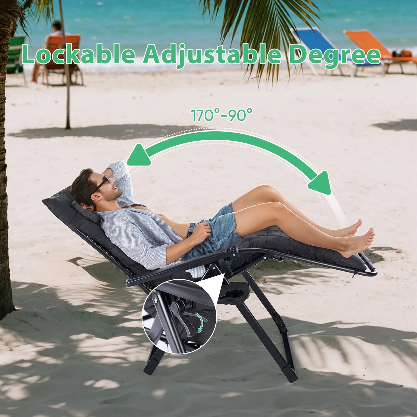 Zero Gravity Recliner Folding Outdoor Lounge Chair With Cup Holder Trays Sturdy Metal Frame Supports 440 Lbs For Camping-A