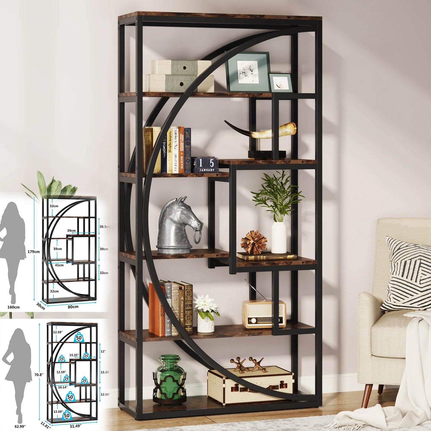 Tribesigns Industrial 5 Tier Etagere Bookcase Freestanding Shelf Black Iron Rustic Wood-A