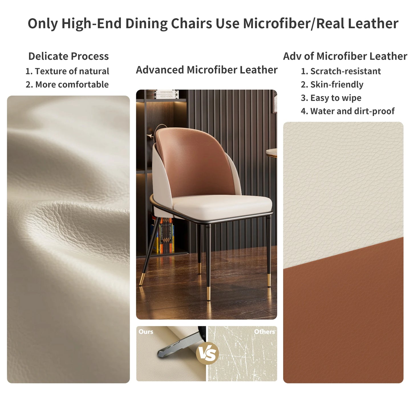 Modern Faux Leather Dining Chairs Pair With Upholstered Wood Back Curved Minimalist Two Tone Beige And Reddish Brown-A