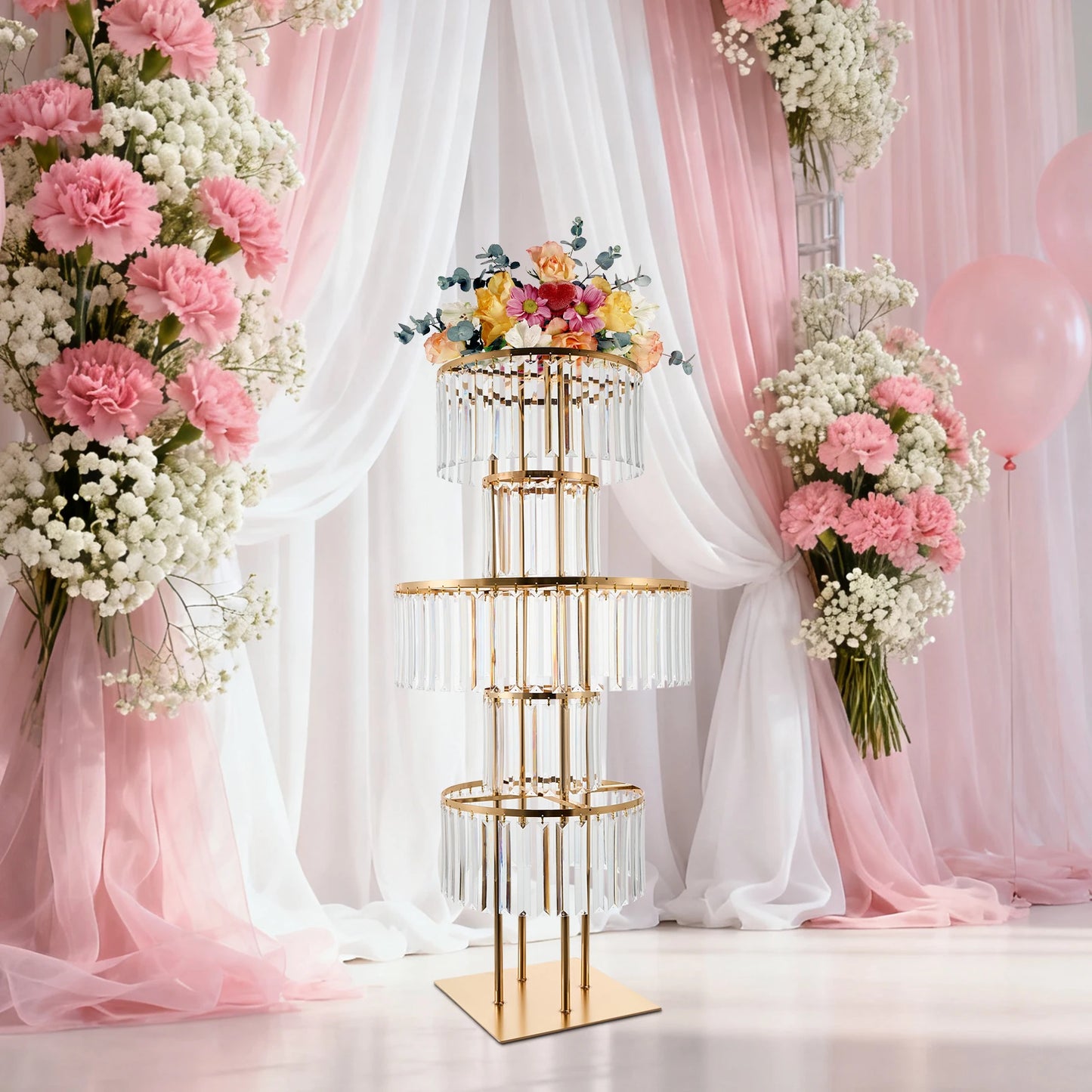 Crystal Clear Acrylic Five Tier Round Flower Stand For Wedding Centerpieces With Stable Base And Easy Assembly-A