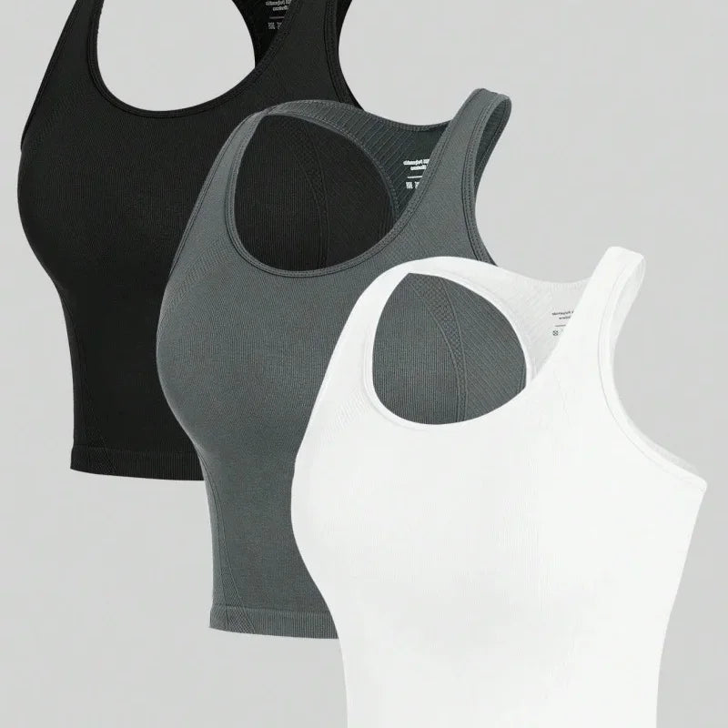 3 Piece Womens Yoga Vest Set Racerback Tank Tops Breathable Seamless Rib Knit Activewear Collection