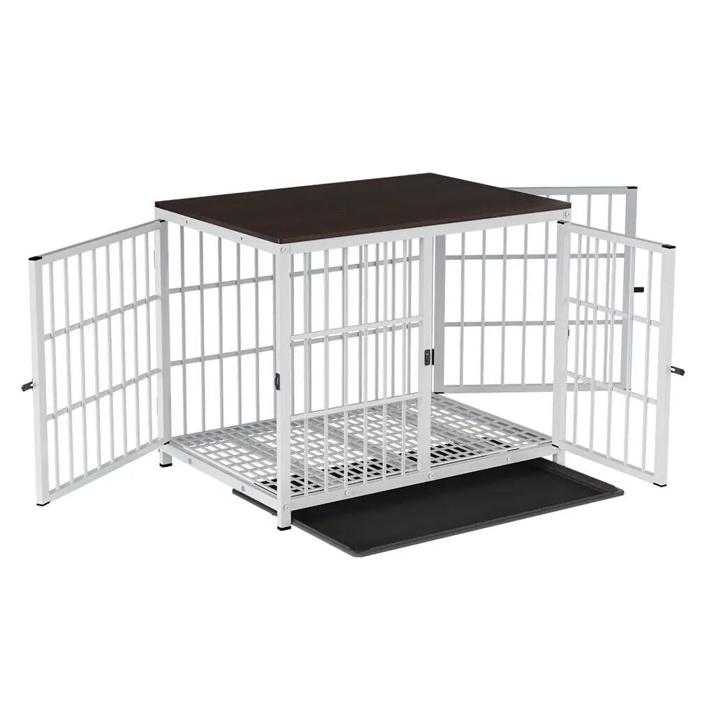 Bingopaw Heavy Duty Dog Kennel End Table Crate With Three Doors Built From Iron And MDF With Wood Tone Top-A