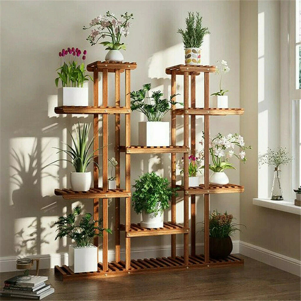 UNHO 46 Inch Multi Tier Plant Stand Wood Flower Rack 16 Pot Display Shelves Indoor Outdoor Patio Garden-A
