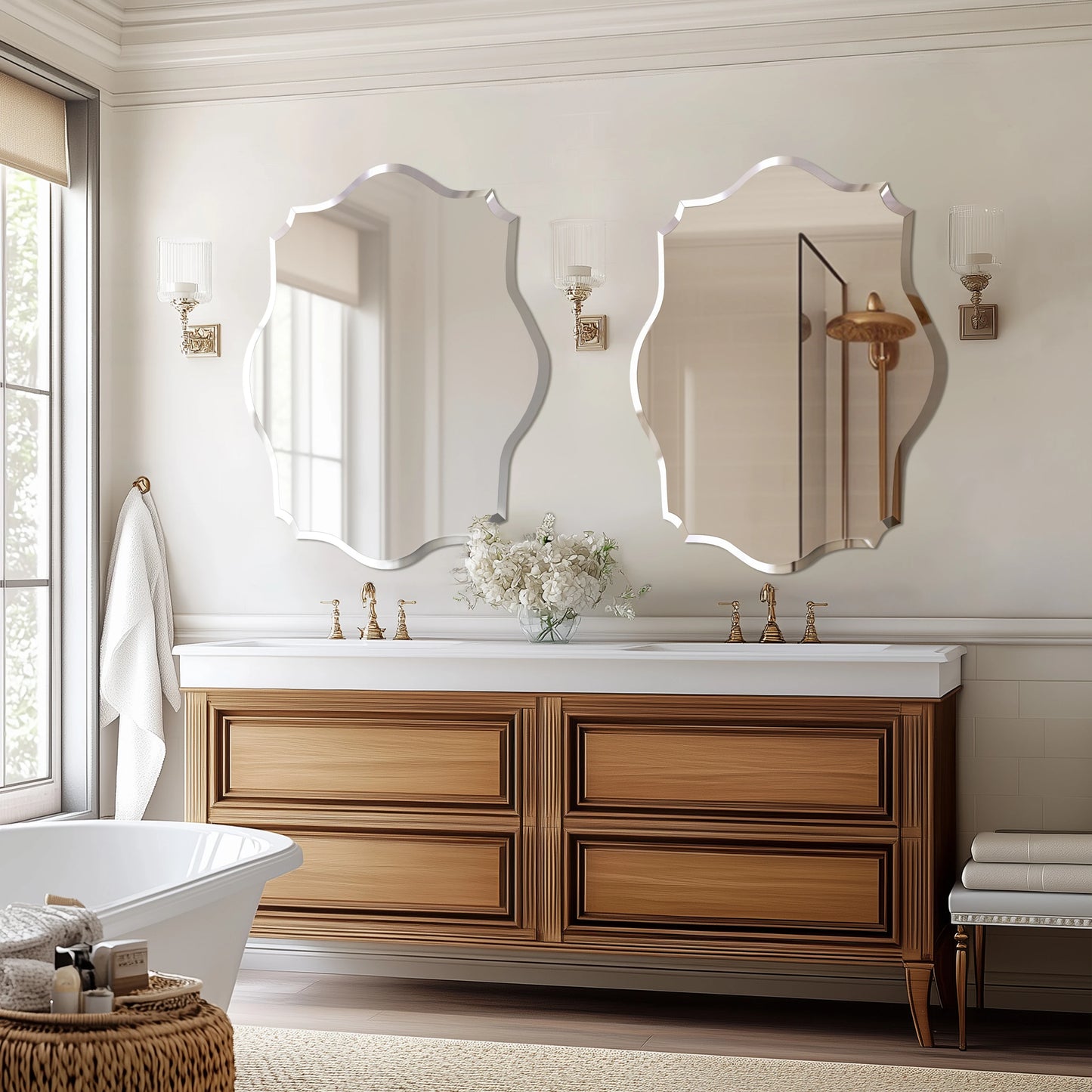 Wisfor Scalloped Frameless Wall Mirror With Beveled Edge Polished Finish For Bathroom Living Room Vanity Bedroom-A
