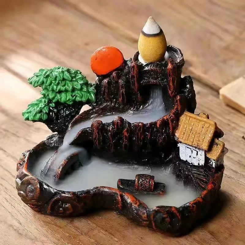 Backflow Incense Holder Resin High Mountain Waterfall Scene Zen Decor Aromatherapy Burner Art Gift-A