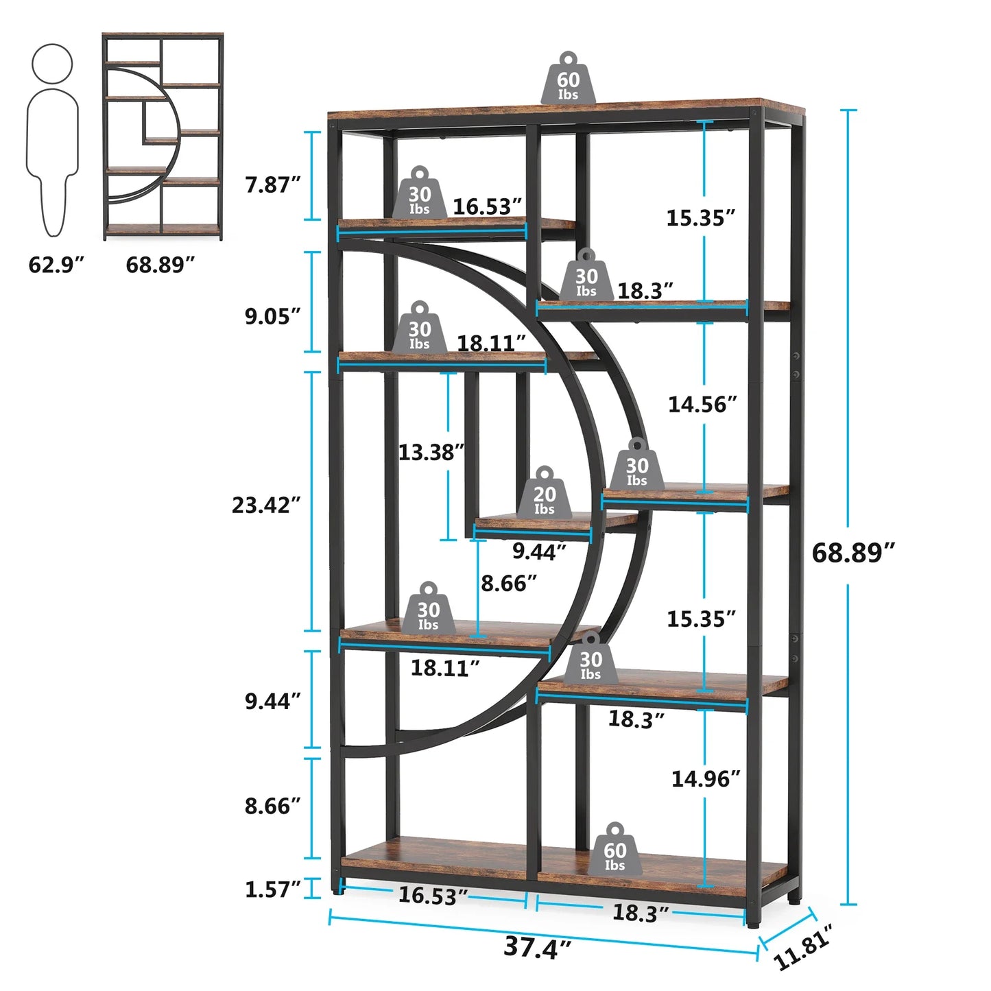 Tribesigns Industrial 5 Tier Etagere Bookcase Freestanding Shelf Black Iron Rustic Wood-A