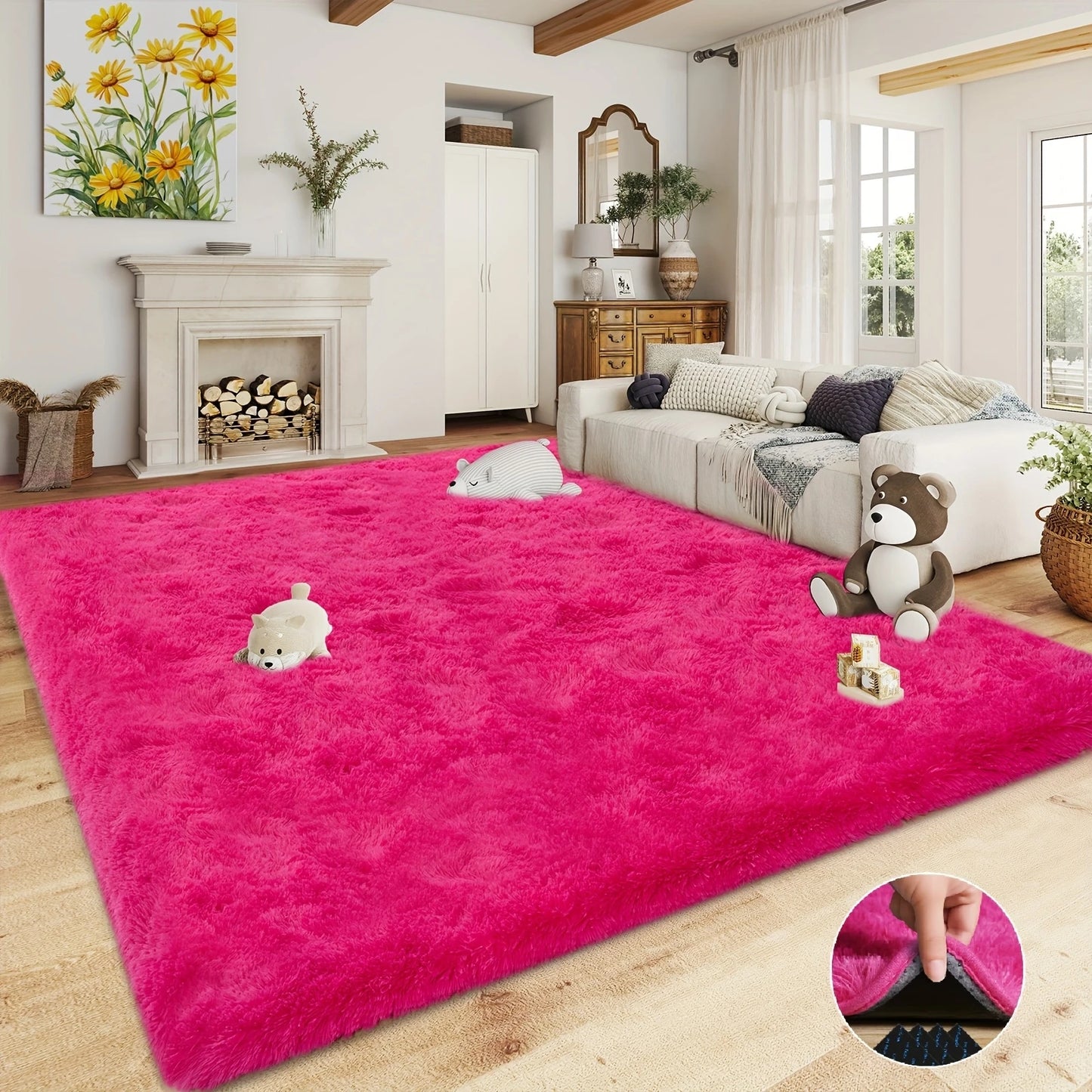 Soft Shaggy Non Slip Rug For Living Room Bedroom Nursery With Rug Stickers And Grippy Pad-A