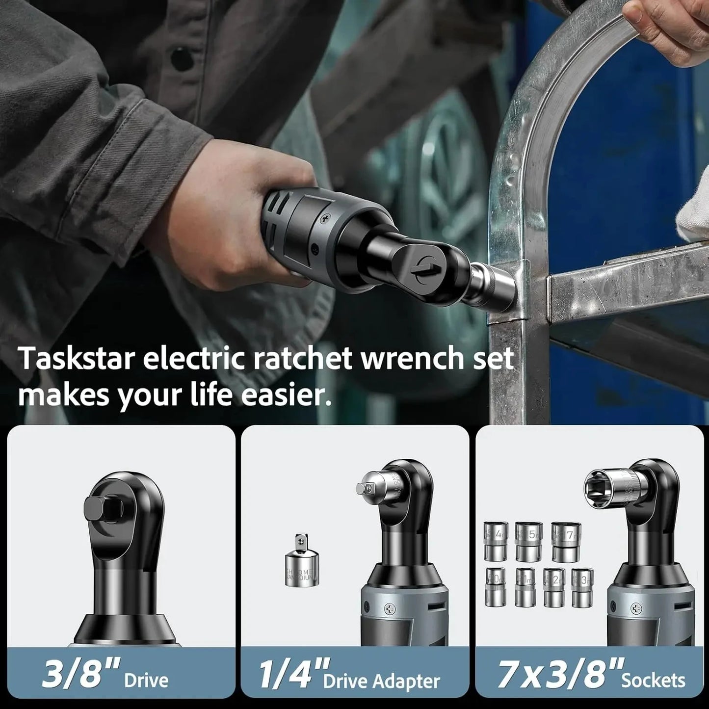 TaskStar 12V Cordless Ratchet Wrench Kit 200 RPM 40 Nm Brushless Motor for Home and Shop Bolt Tightening and Removal-A