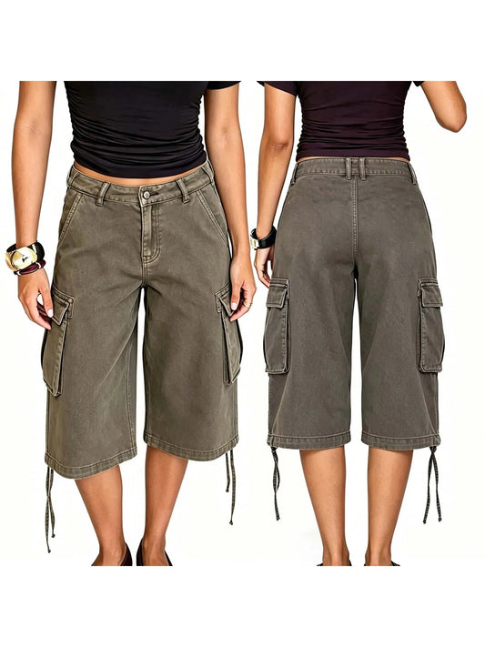 Denim Bermuda Shorts Women With Zipper Closure And Cargo Pockets