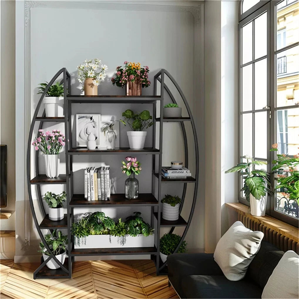 Wisfor Oval Bookshelf Plant Stand 5 Tier Etagere Half Moon Shaped Industrial Display Shelves For Living Room-A