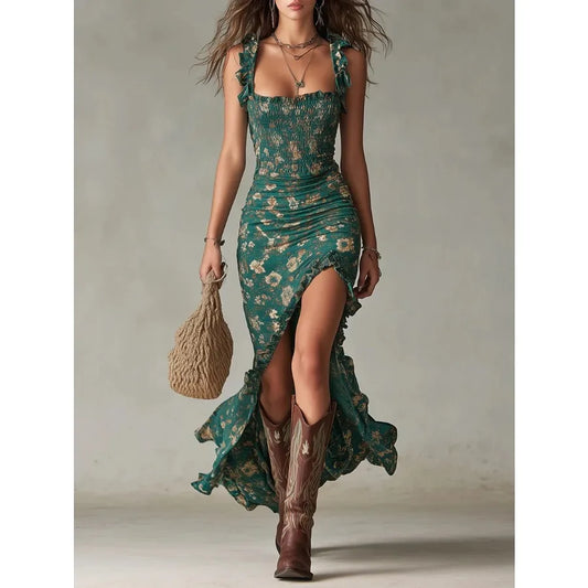 Pastoral Style Floral Print Strap Dress With Bow Neck Knee Length Slimming Waist