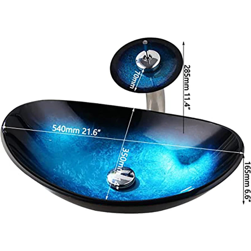 Blue Hand Painted Tempered Glass Oval Vessel Sink With Chrome Waterfall Faucet 21.6 Inch Long 14 Inch Wide-A