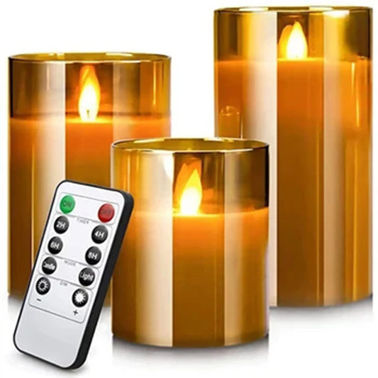 Three Piece LED Glass Candle Set With Remote Timer For Home Decor