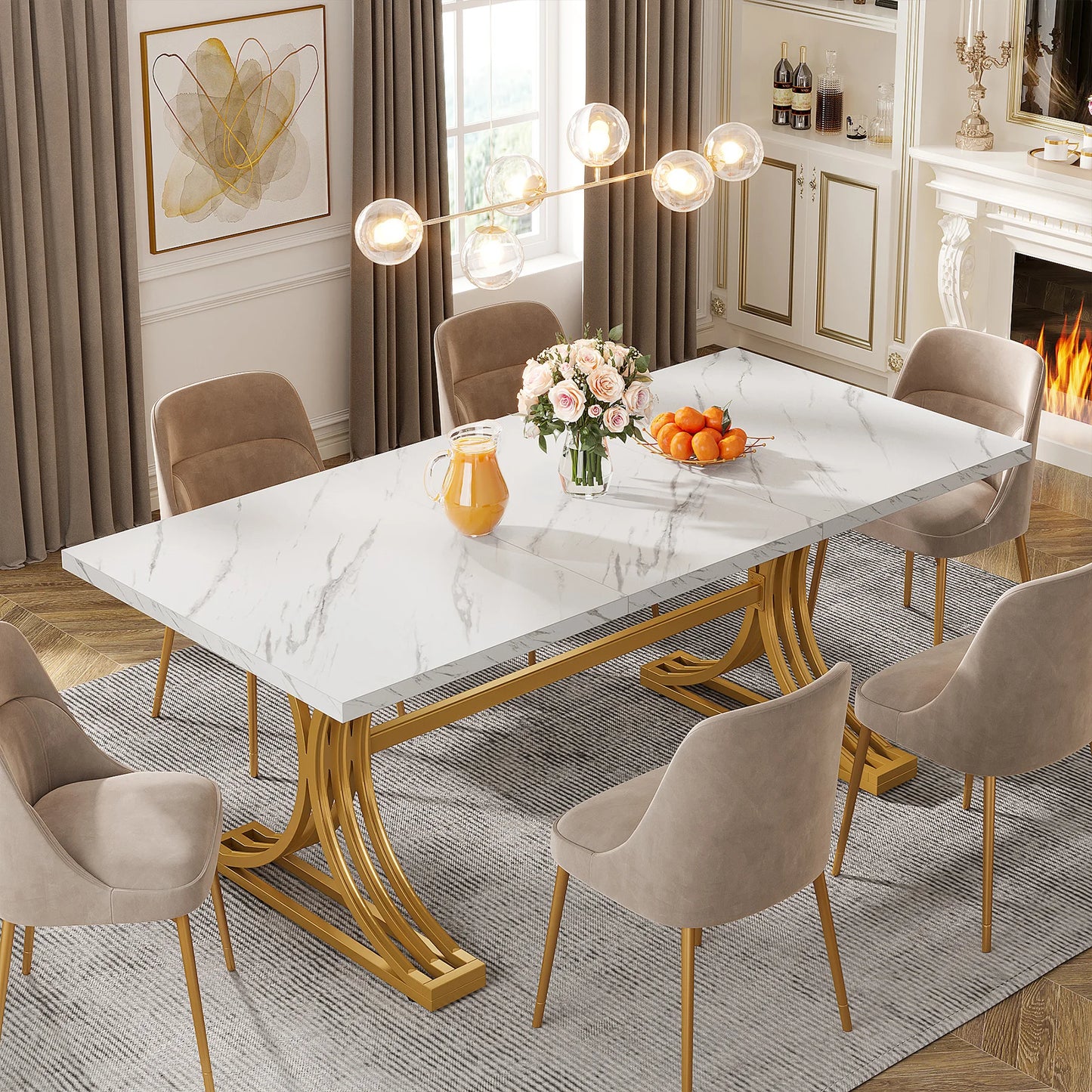 Tribesigns Rectangular Dining Table For Four To Six With Faux Marble Top Modern Kitchen Table-A