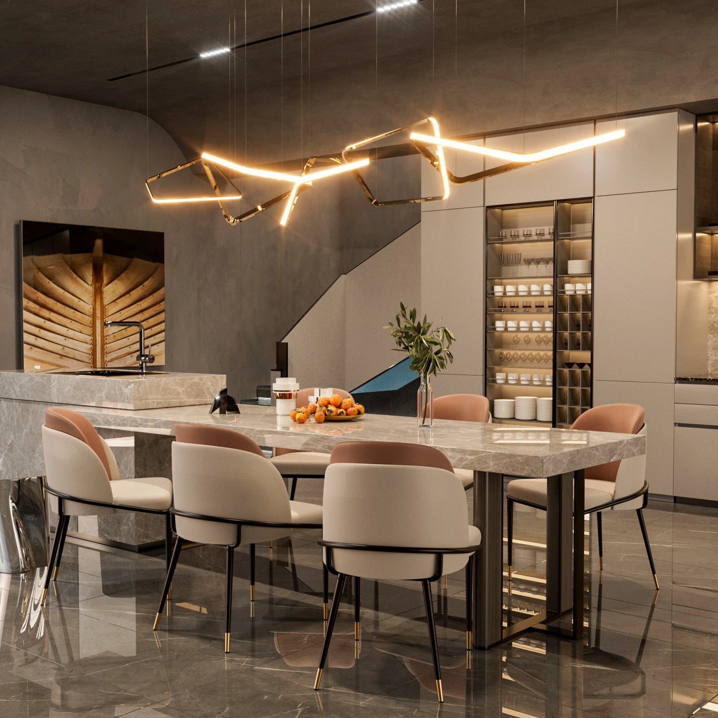 Modern Faux Leather Dining Chairs Pair With Upholstered Wood Back Curved Minimalist Two Tone Beige And Reddish Brown-A