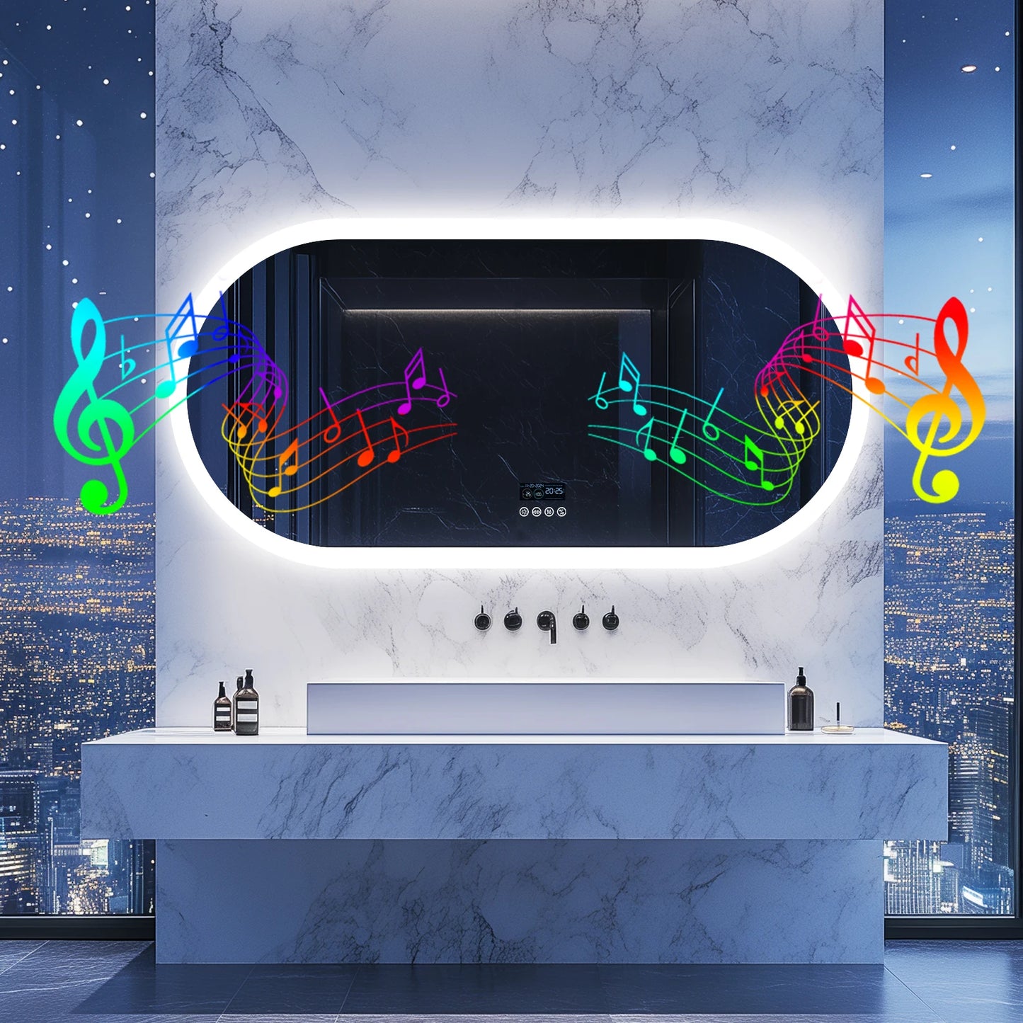 Oval LED Bathroom Mirror With Lights Anti Fog Bluetooth Speaker Dimmable 3 Color Temperature Levels Aluminum Frame-A