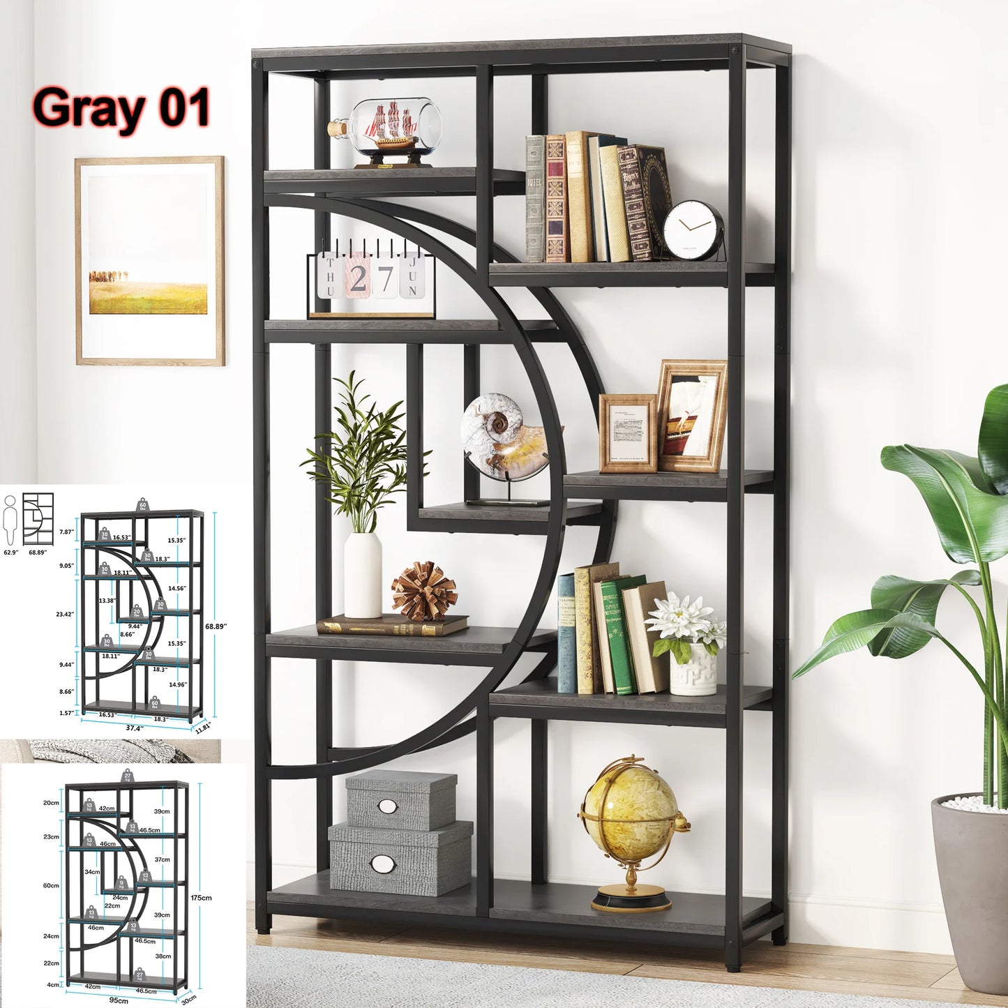 Tribesigns Industrial 5 Tier Etagere Bookcase Freestanding Shelf Black Iron Rustic Wood-A