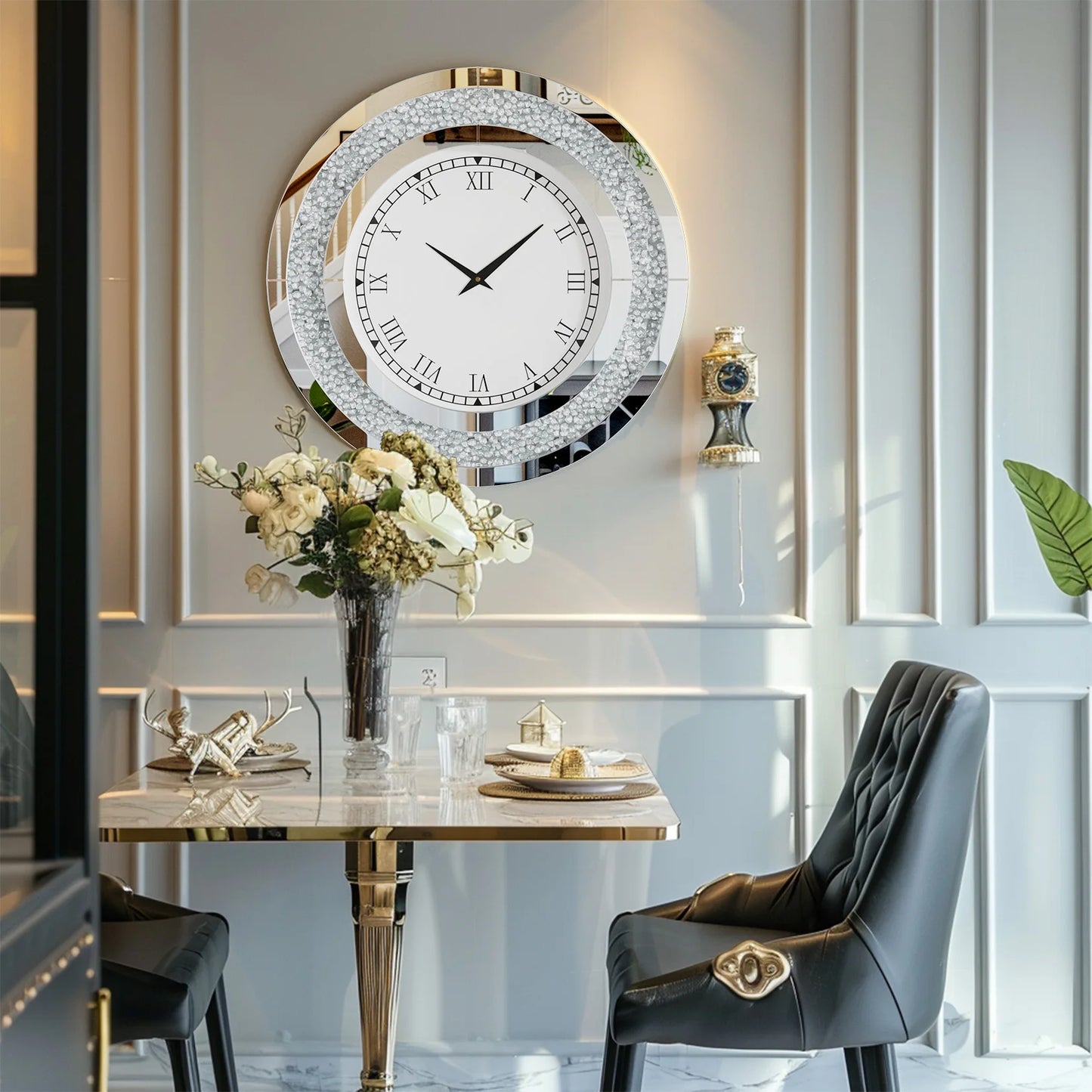 Crystal Sparkle Round Mirror Wall Clock With Beveled Edge Crushed Diamond Inlay And Roman Numerals For Living Room Decor-A