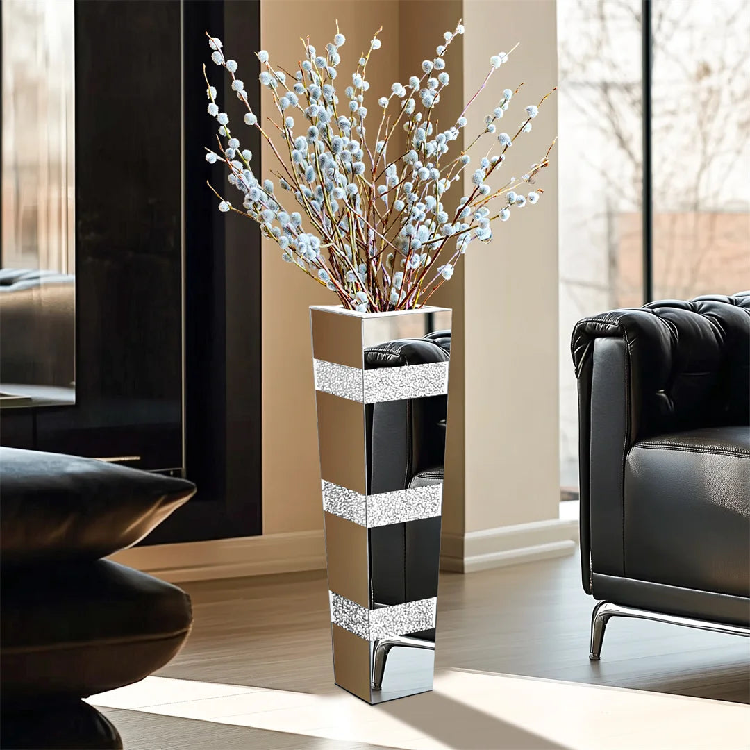 Modern Floor Vase With Crystal Glass Mirrored Stand And Two Piece Set For Elegant Floral Arrangements-A