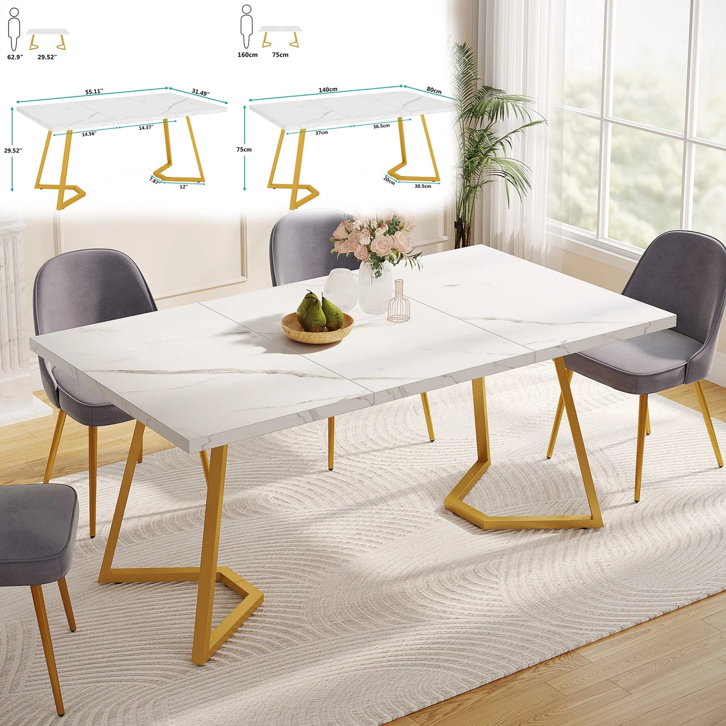 Tribesigns Rectangular Dining Table For Four To Six With Faux Marble Top Modern Kitchen Table-A