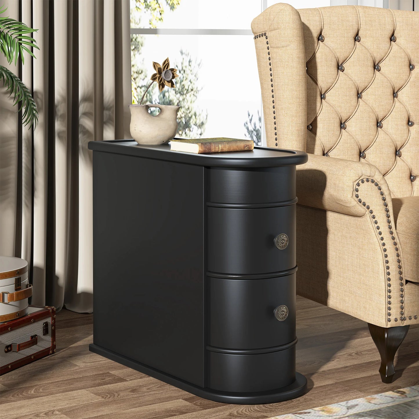 Tribesigns Round Solid Wood End Table With Two Sliding Drawers No Assembly Required Nightstand-A