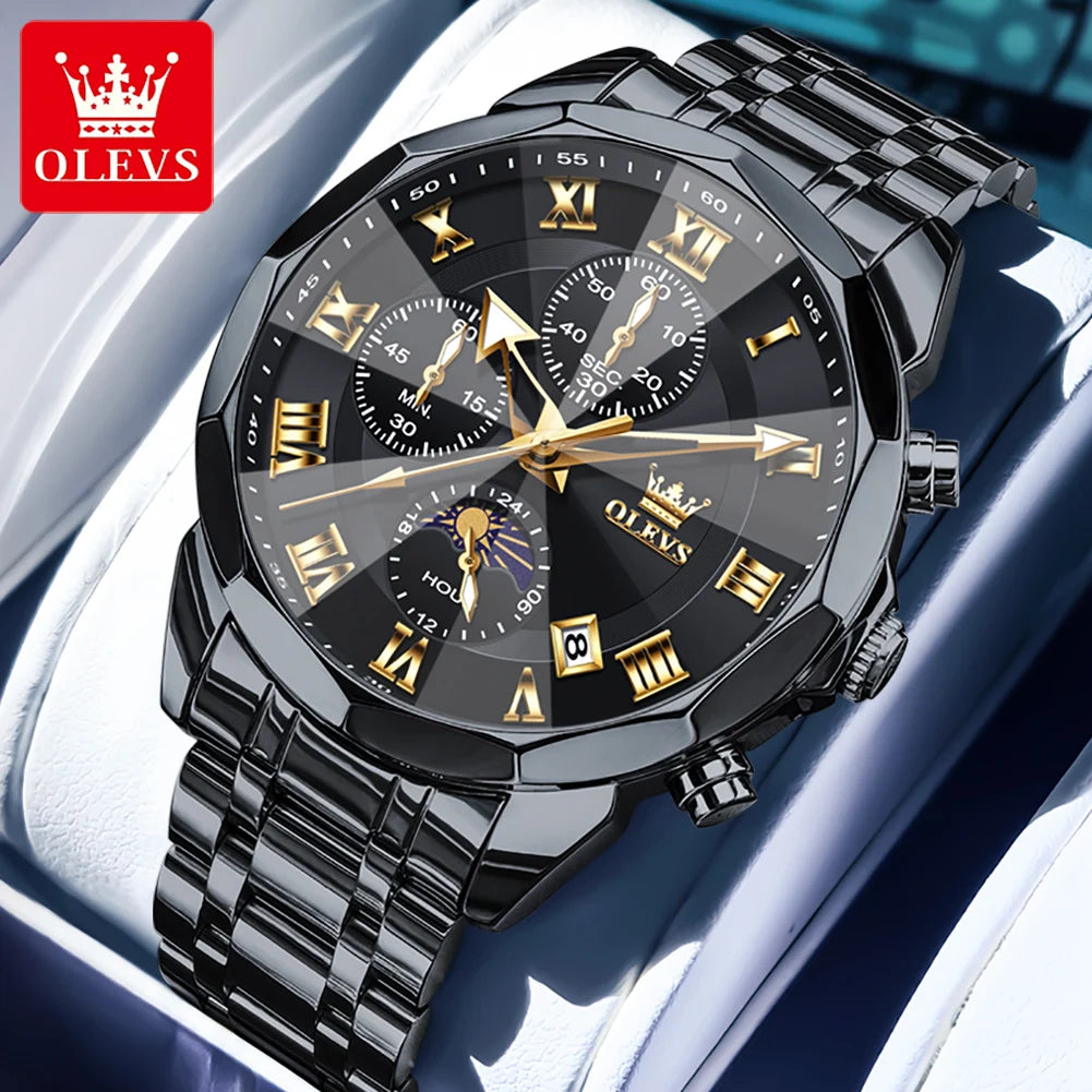 OLEVS Men's Chronograph Moonphase Watch Stainless Steel Waterproof With Quartz Movement Auto Date Full Calendar-A