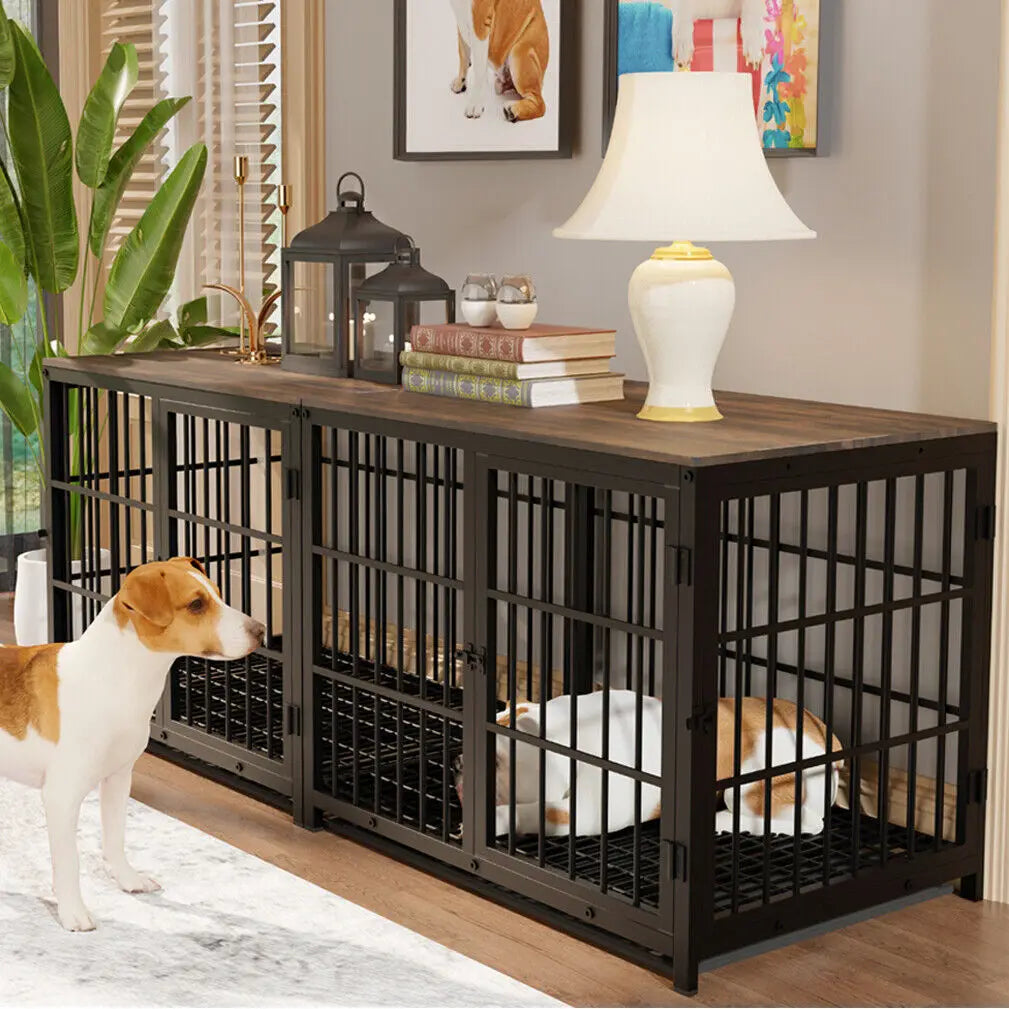 Three Door Dog Crate End Table Kennel With Metal Frame And Solid Wooden Top For Home Use-A