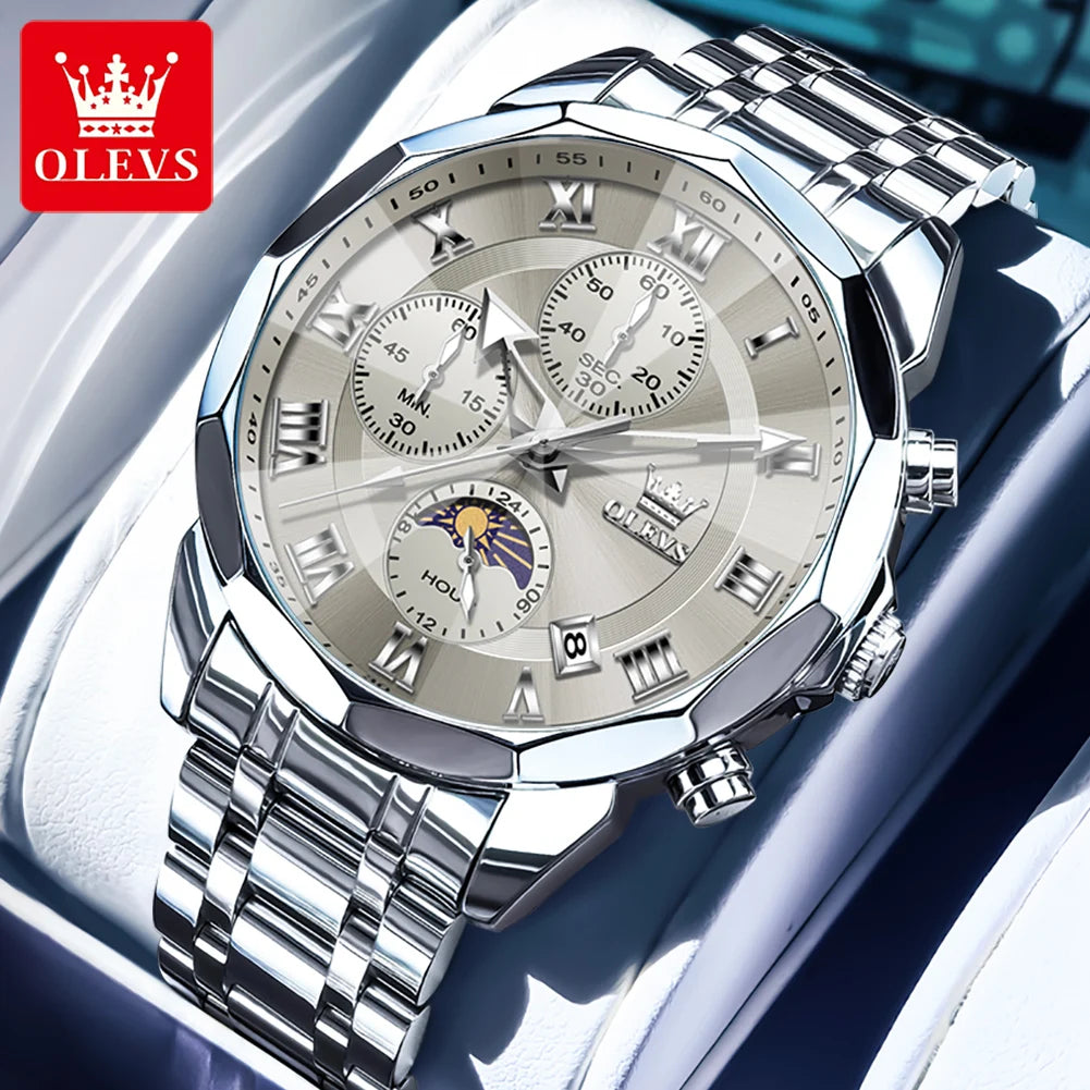 OLEVS Men's Chronograph Moonphase Watch Stainless Steel Waterproof With Quartz Movement Auto Date Full Calendar-A