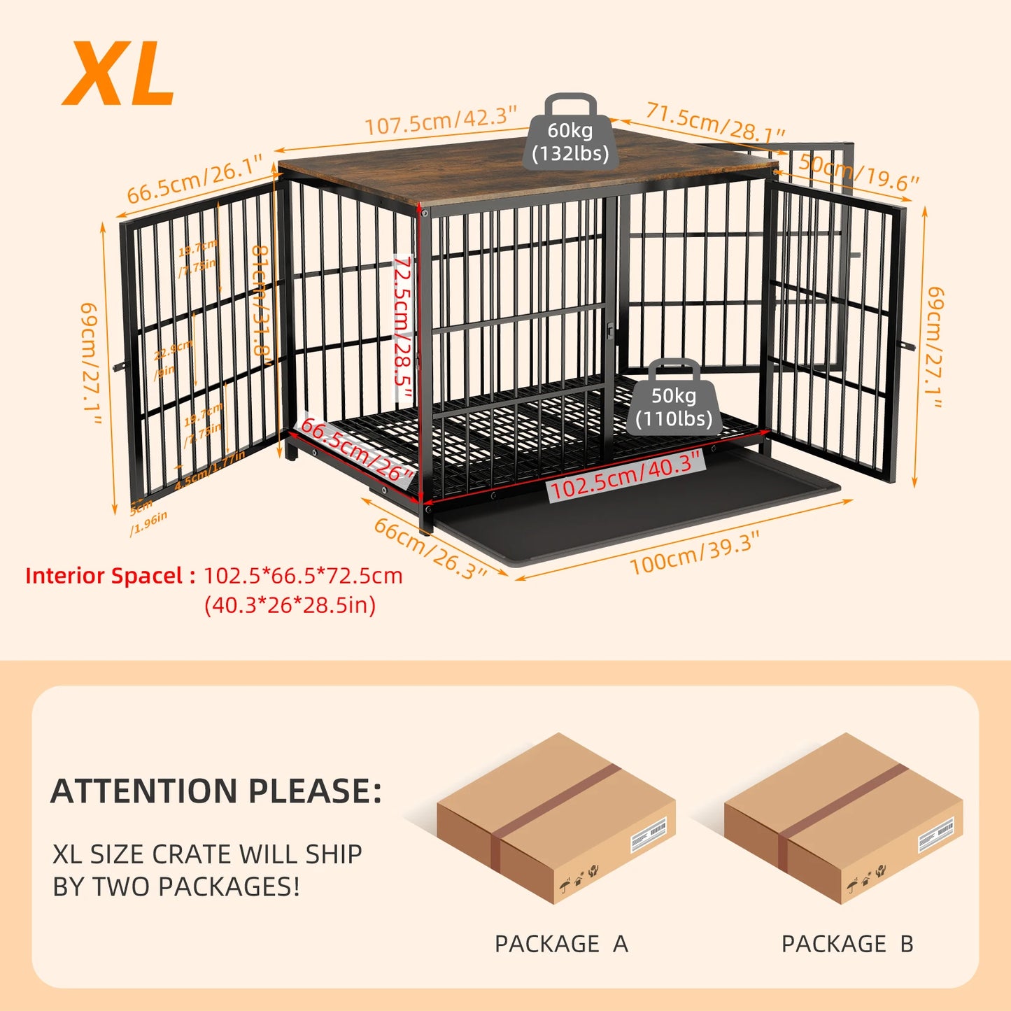 Three Door Dog Crate End Table Kennel With Metal Frame And Solid Wooden Top For Home Use-A
