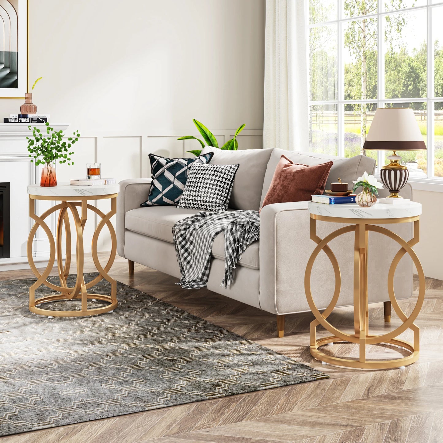Tribesigns Modern Round End Table With Thick Faux Marble Top And Gold O Base Diameter About 19.7 Inches-A