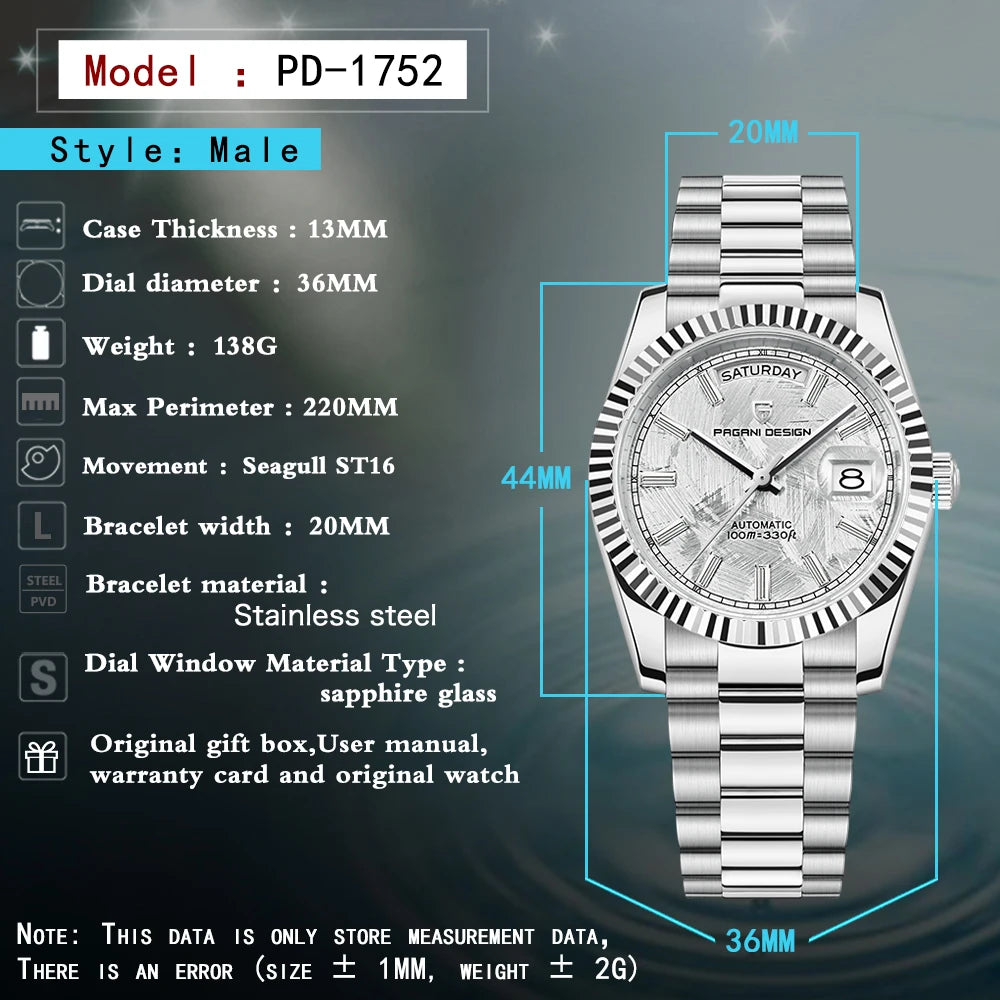 Pagani Design Double Calendar Automatic Sapphire Watch for Men Stainless Steel Case and Bracelet-A