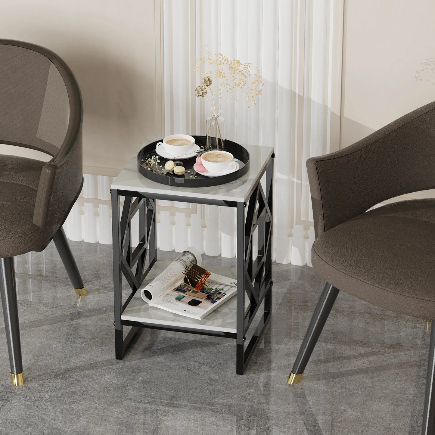 Marble Top Side Table With Square Metal Frame Two Tier Open Shelves End Table For Living Room Nordic Modern-A