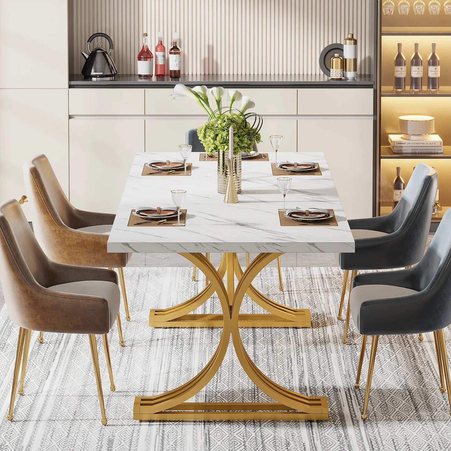 Tribesigns Rectangular Dining Table For Four To Six With Faux Marble Top Modern Kitchen Table-A