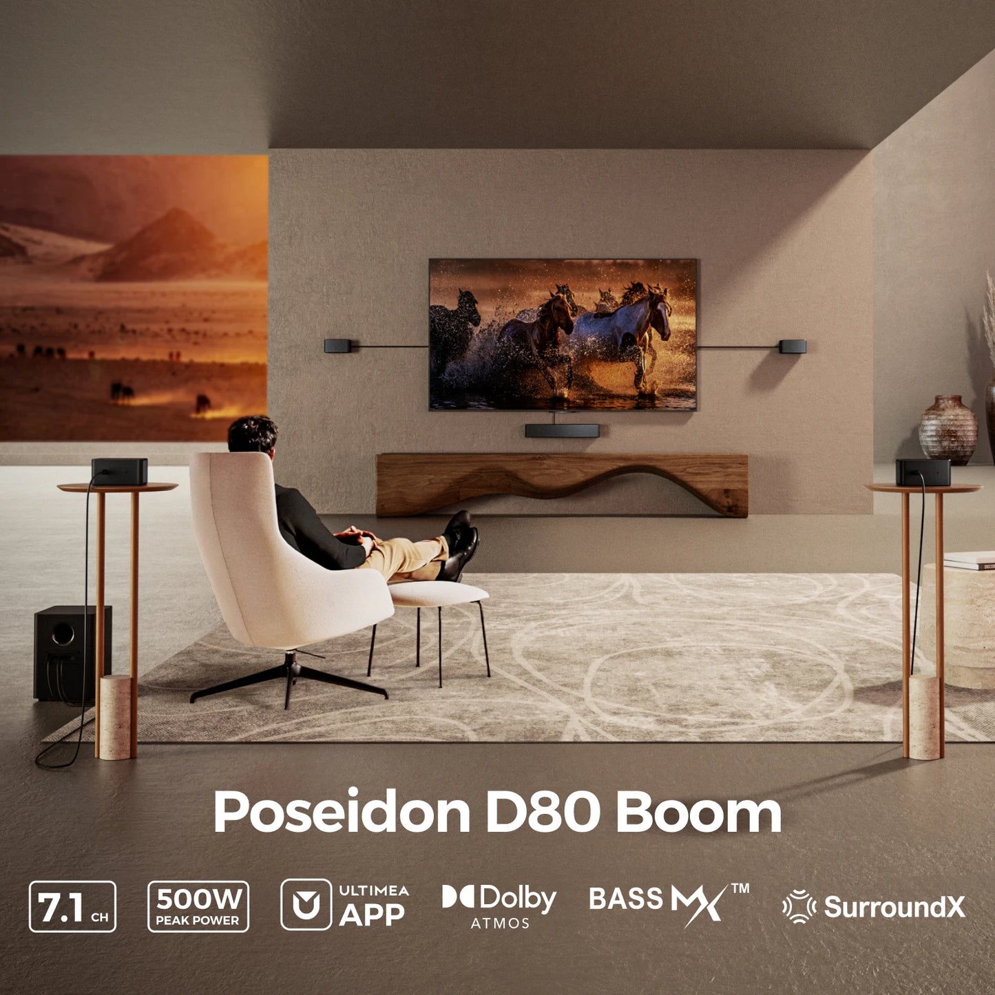 Ultimea Poseidon D80 Seven Point One Channel Dolby Atmos Soundbar With Wireless Subwoofer Immersive Room Filling Audio-A