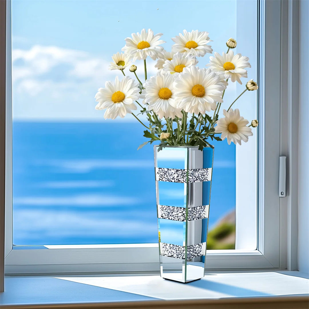 Modern Floor Vase With Crystal Glass Mirrored Stand And Two Piece Set For Elegant Floral Arrangements-A